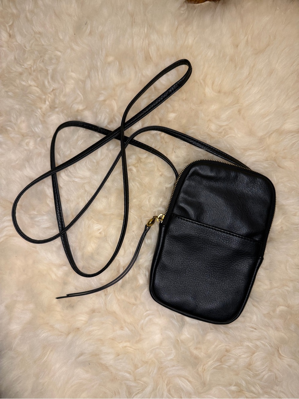 HOBO Black Genuine Leather Crossbody Phone Pouch with Gold Accents